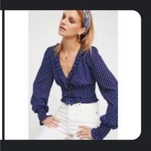 Free People royal blue Swiss dot chiffon ruffle balloon sleeve blouse S NWOT